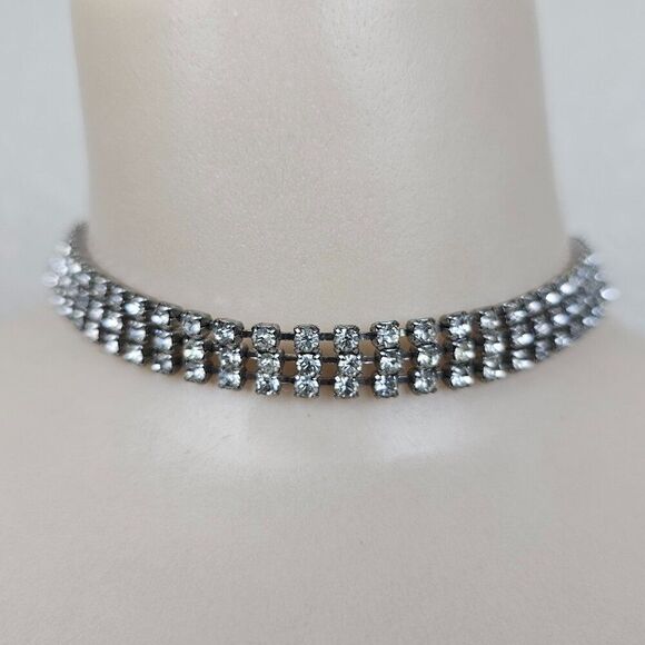Vintage 3 Row Clear Crystal Rhinestone Collar Choker Necklace Retro 60s 15" Long - Picture 1 of 9